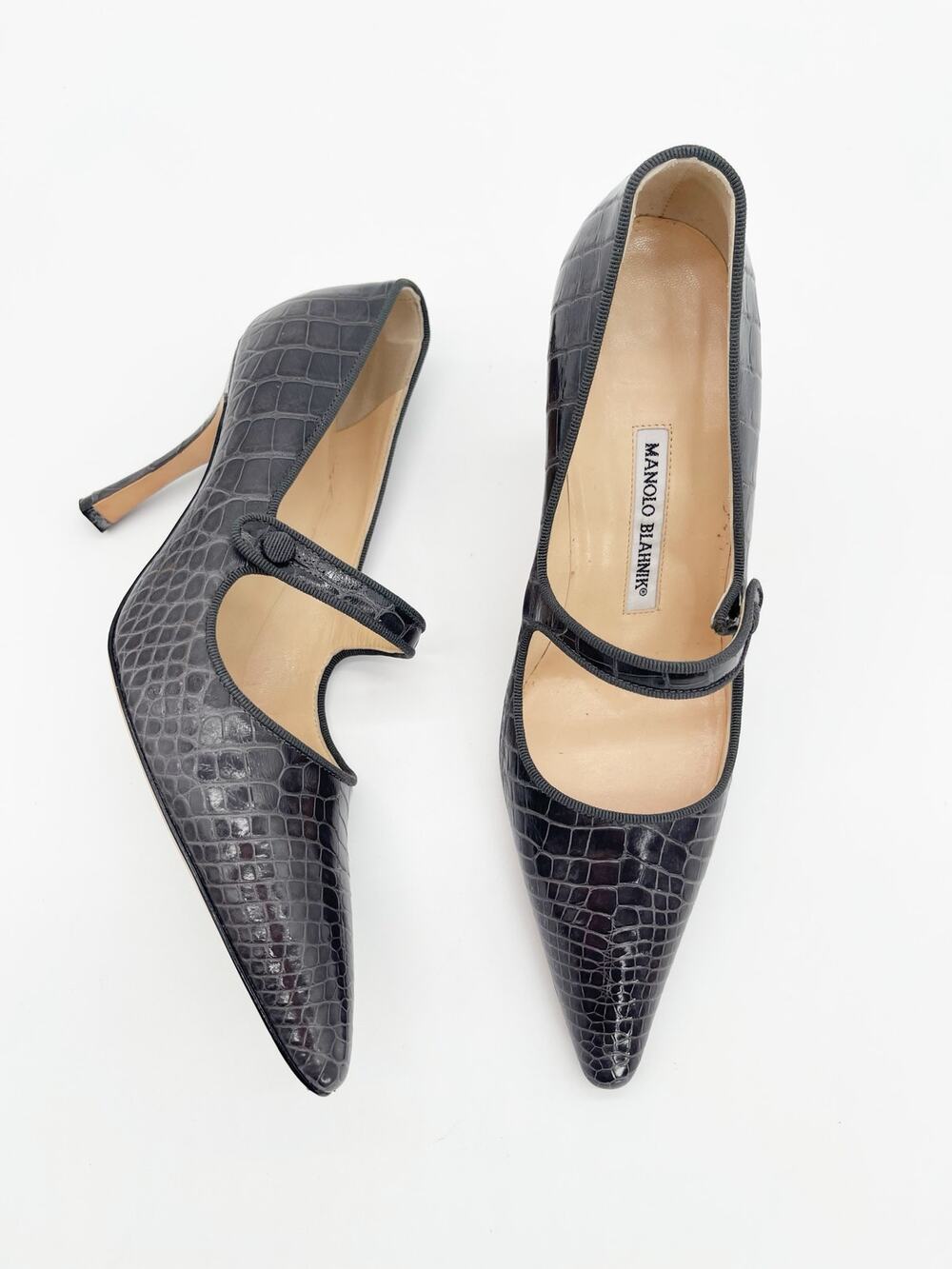 Manolo Blahnik Vintage Campari Dark Gray Alligator Leather Mary Jane Heels IT 38